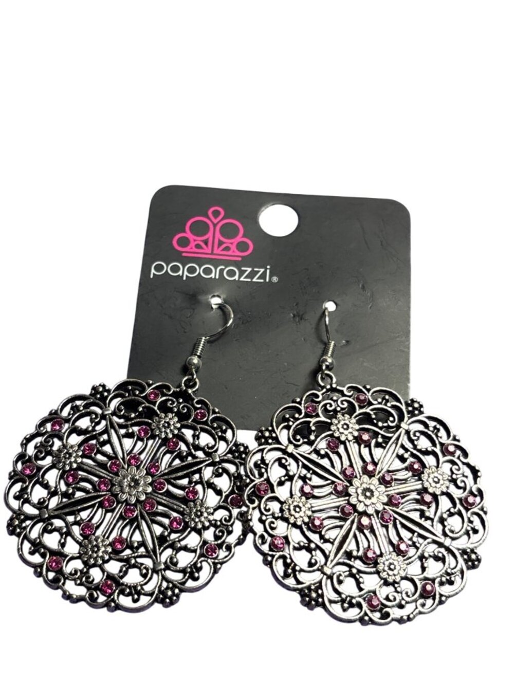 Paparazzi Floral Mandala Circle Dangle Earrings Silvertone Pink Rhinestones New
